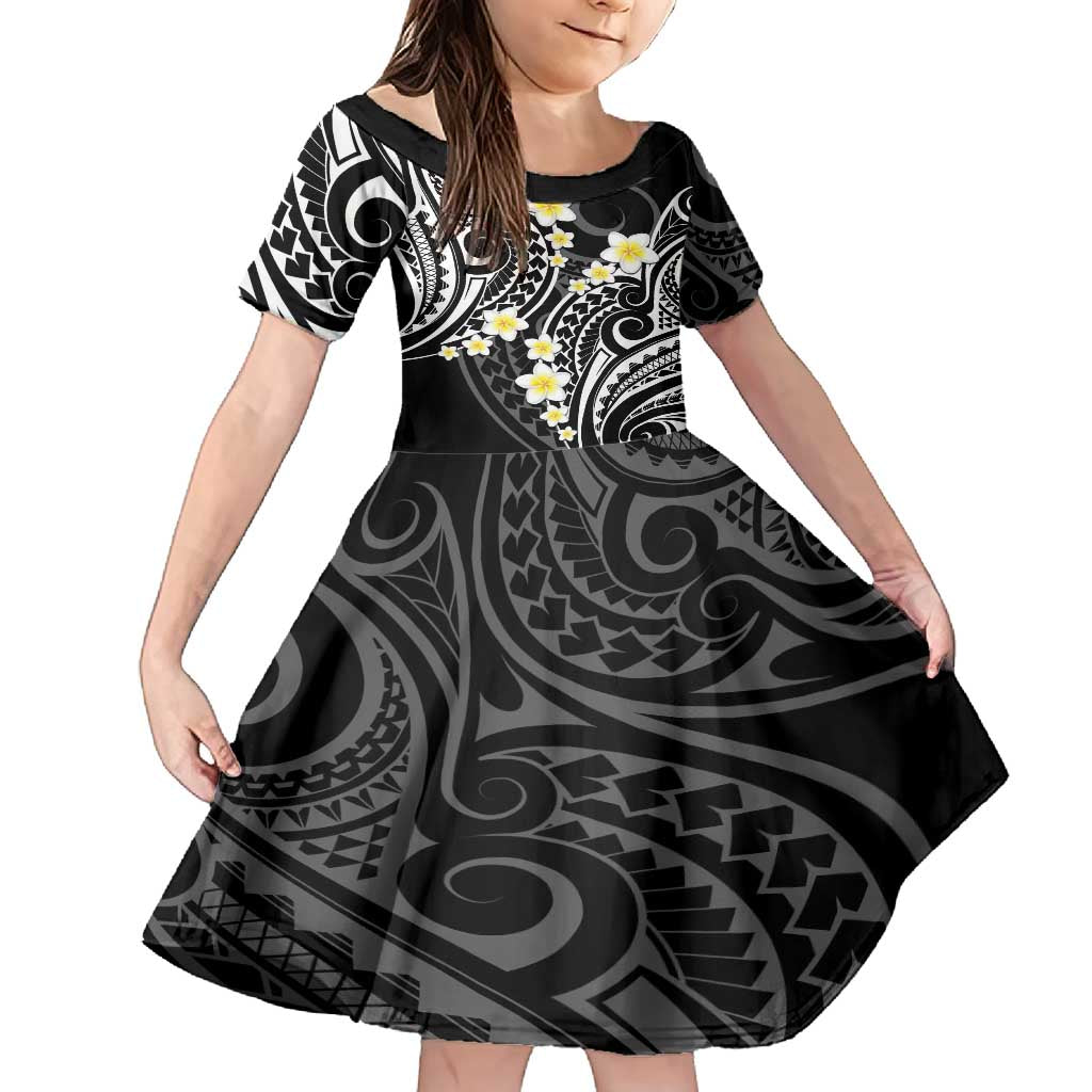 Plumeria With Black Polynesian Tattoo Pattern Family Matching Summer Maxi Dress and Hawaiian Shirt LT05 Daughter's Dress Black - Polynesian Pride