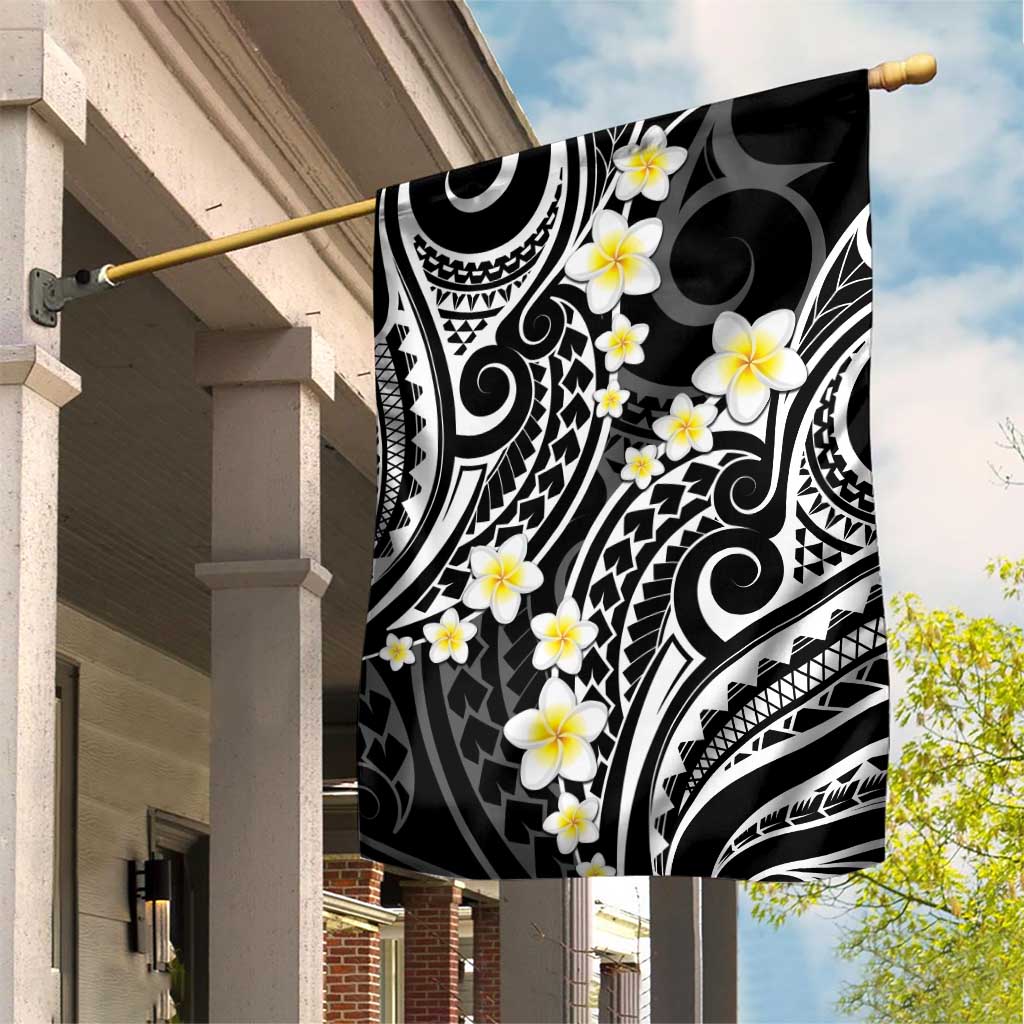 Plumeria With Black Polynesian Tattoo Pattern Garden Flag