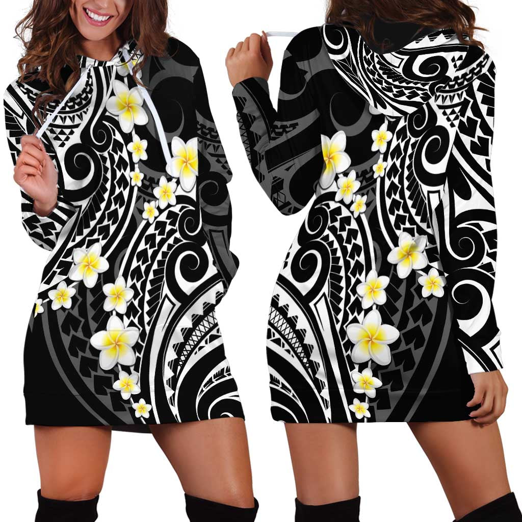 Plumeria With Black Polynesian Tattoo Pattern Hoodie Dress LT05 - Polynesian Pride