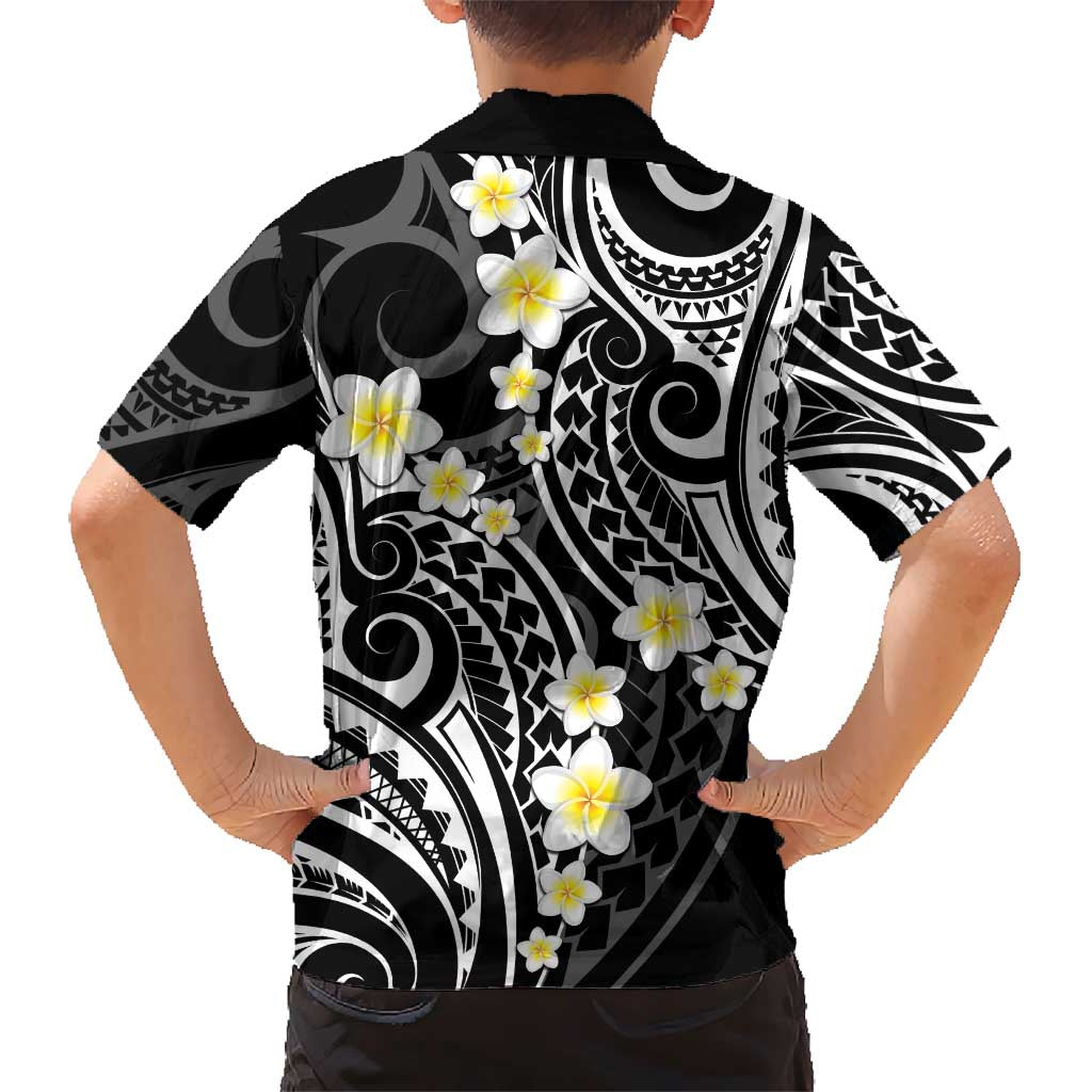 Plumeria With Black Polynesian Tattoo Pattern Kid Hawaiian Shirt