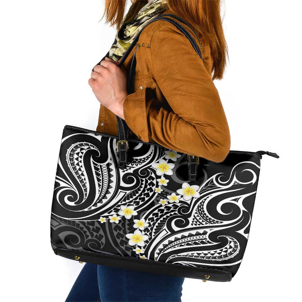 Plumeria With Black Polynesian Tattoo Pattern Leather Tote Bag LT05 Black - Polynesian Pride