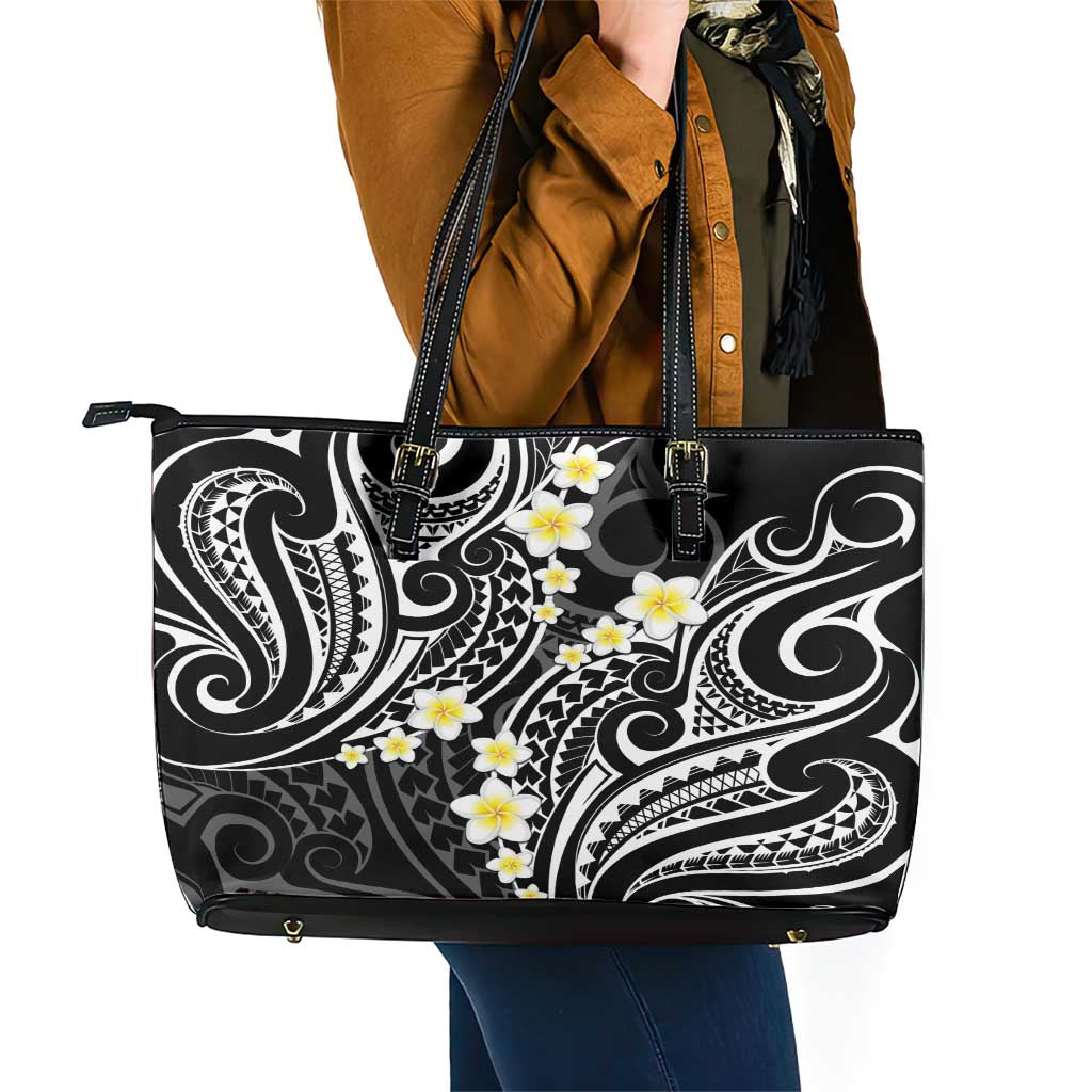 Plumeria With Black Polynesian Tattoo Pattern Leather Tote Bag LT05 - Polynesian Pride
