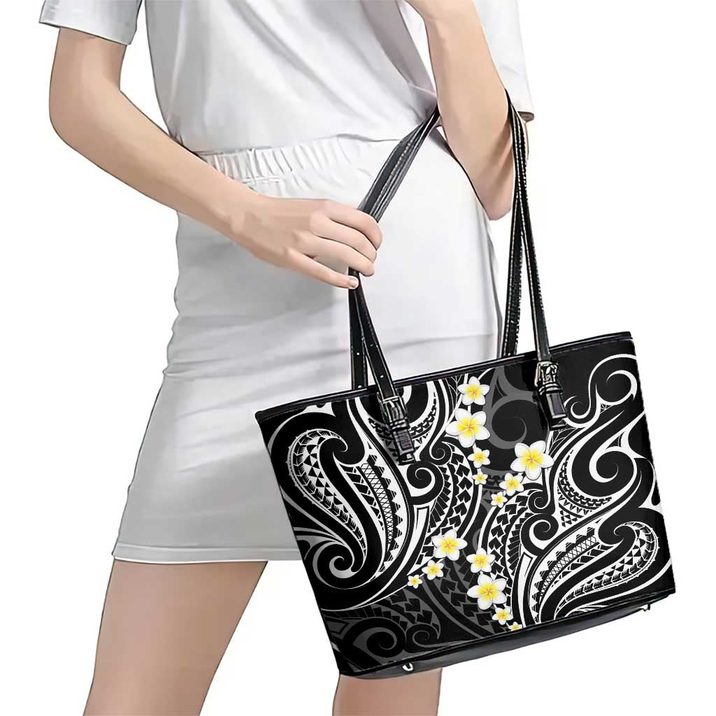 Plumeria With Black Polynesian Tattoo Pattern Leather Tote Bag LT05 - Polynesian Pride