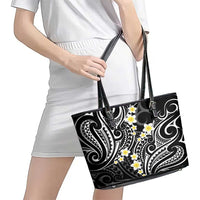 Plumeria With Black Polynesian Tattoo Pattern Leather Tote Bag LT05 - Polynesian Pride