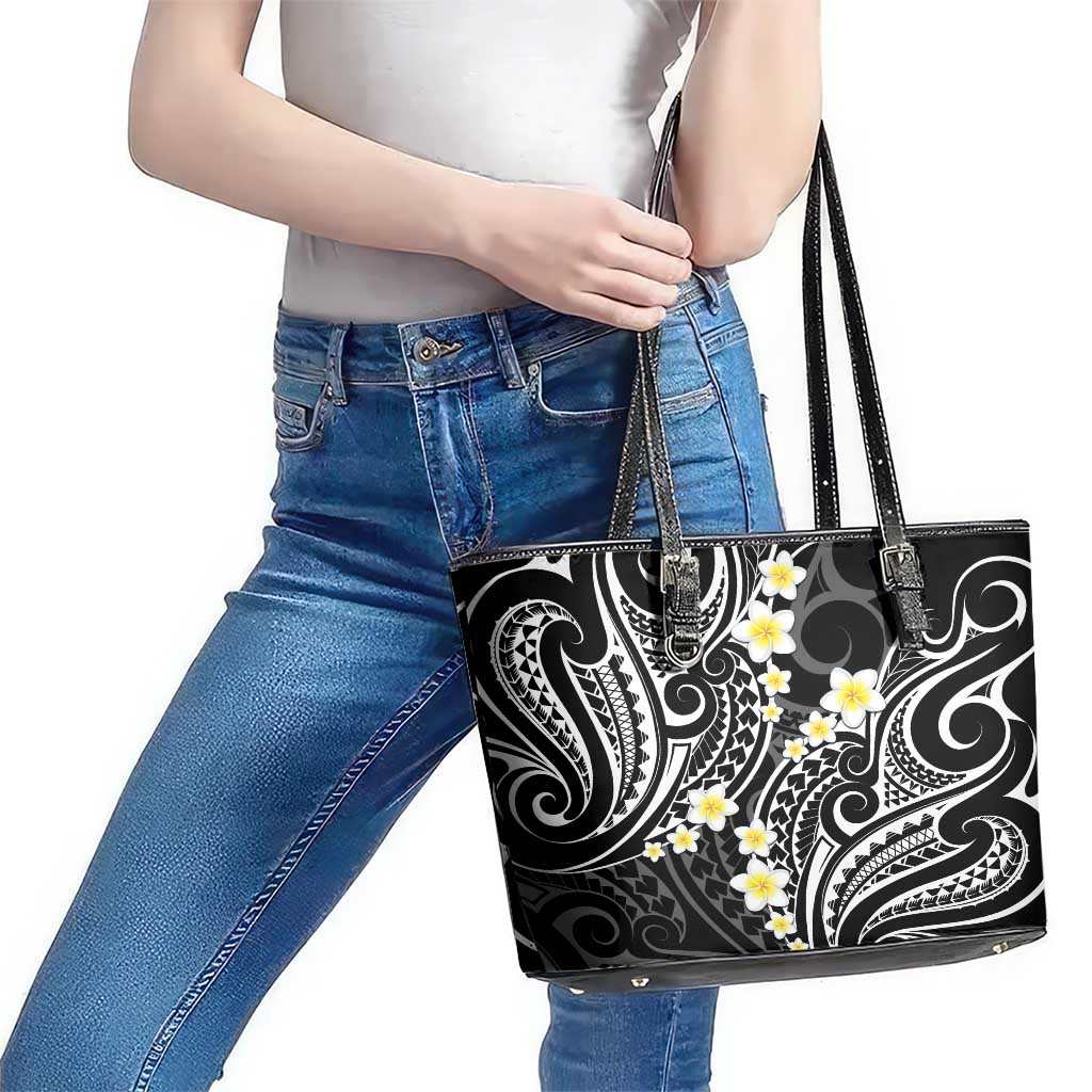 Plumeria With Black Polynesian Tattoo Pattern Leather Tote Bag LT05 - Polynesian Pride