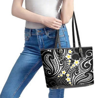 Plumeria With Black Polynesian Tattoo Pattern Leather Tote Bag LT05 - Polynesian Pride
