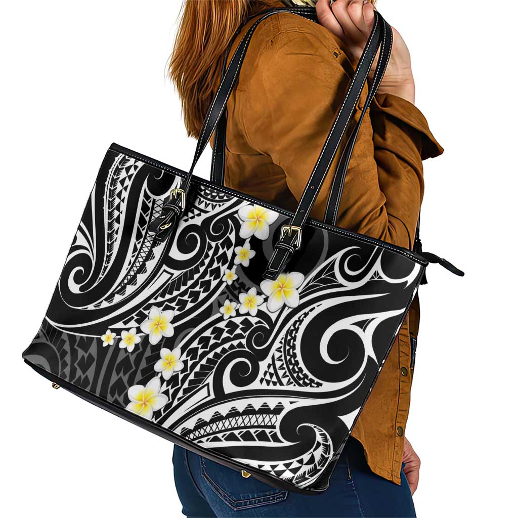 Plumeria With Black Polynesian Tattoo Pattern Leather Tote Bag LT05 - Polynesian Pride