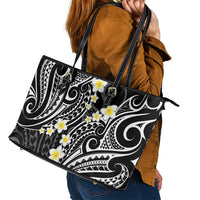 Plumeria With Black Polynesian Tattoo Pattern Leather Tote Bag LT05 - Polynesian Pride