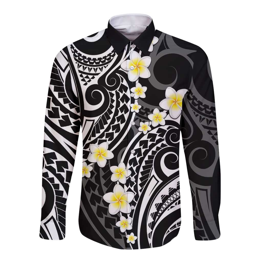 Plumeria With Black Polynesian Tattoo Pattern Long Sleeve Button Shirt