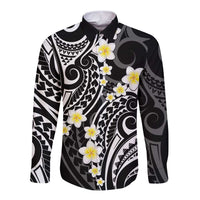 Plumeria With Black Polynesian Tattoo Pattern Long Sleeve Button Shirt
