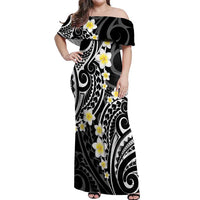 Plumeria With Black Polynesian Tattoo Pattern Off Shoulder Maxi Dress LT05 Women Black - Polynesian Pride