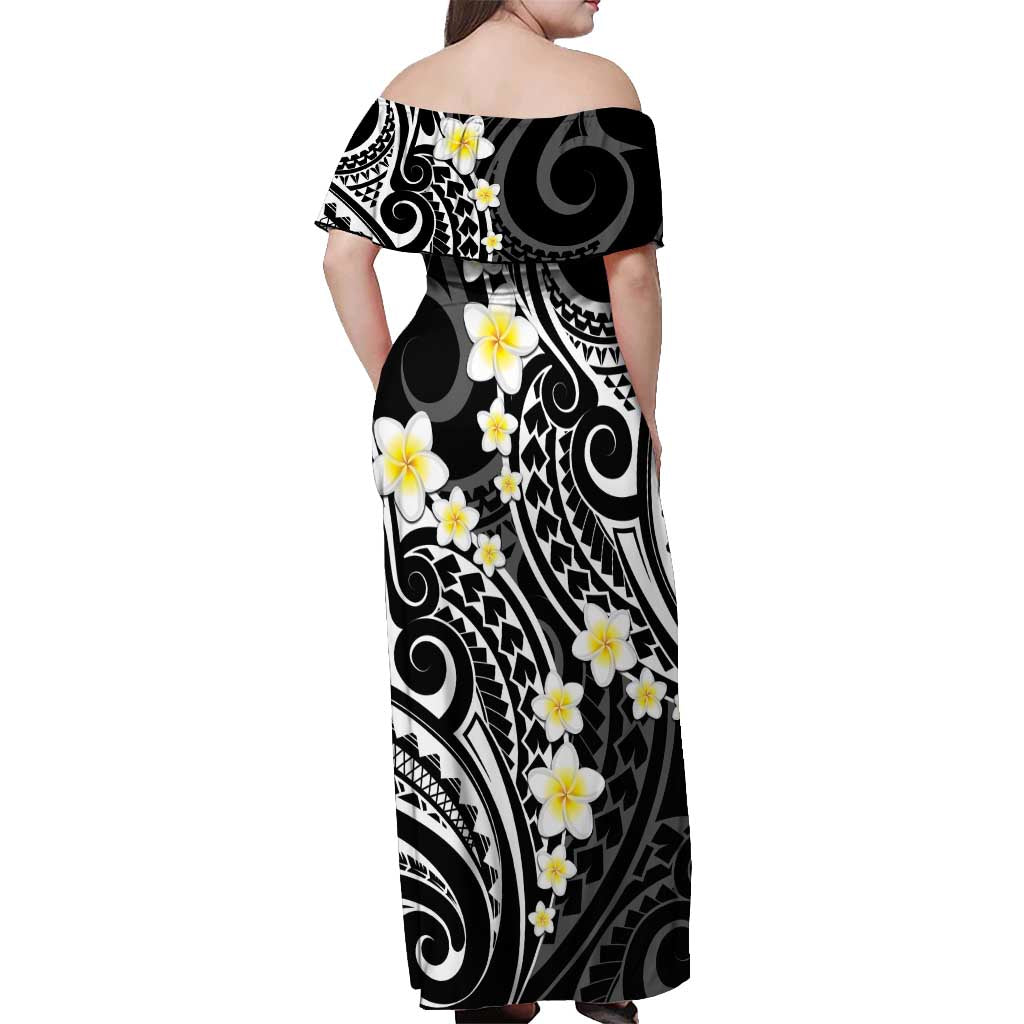 Plumeria With Black Polynesian Tattoo Pattern Off Shoulder Maxi Dress LT05 - Polynesian Pride