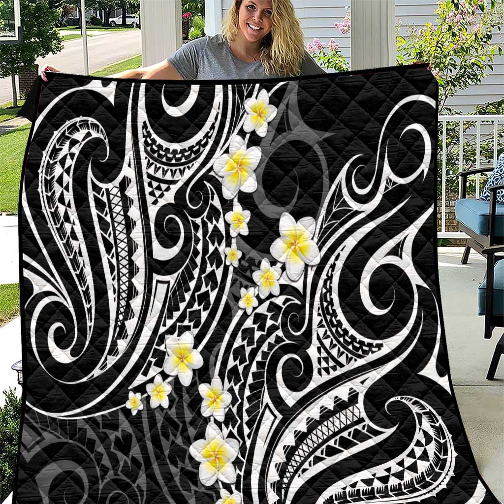 Plumeria With Black Polynesian Tattoo Pattern Quilt