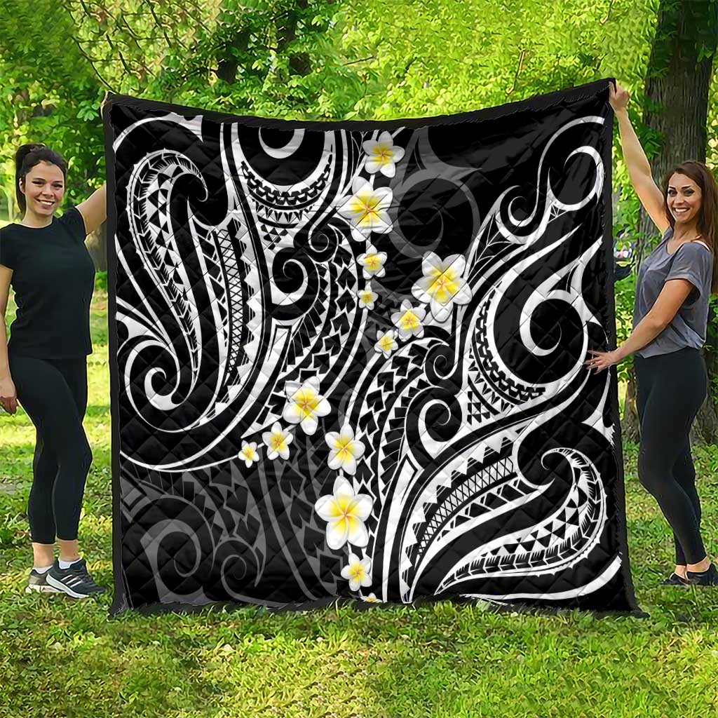 Plumeria With Black Polynesian Tattoo Pattern Quilt