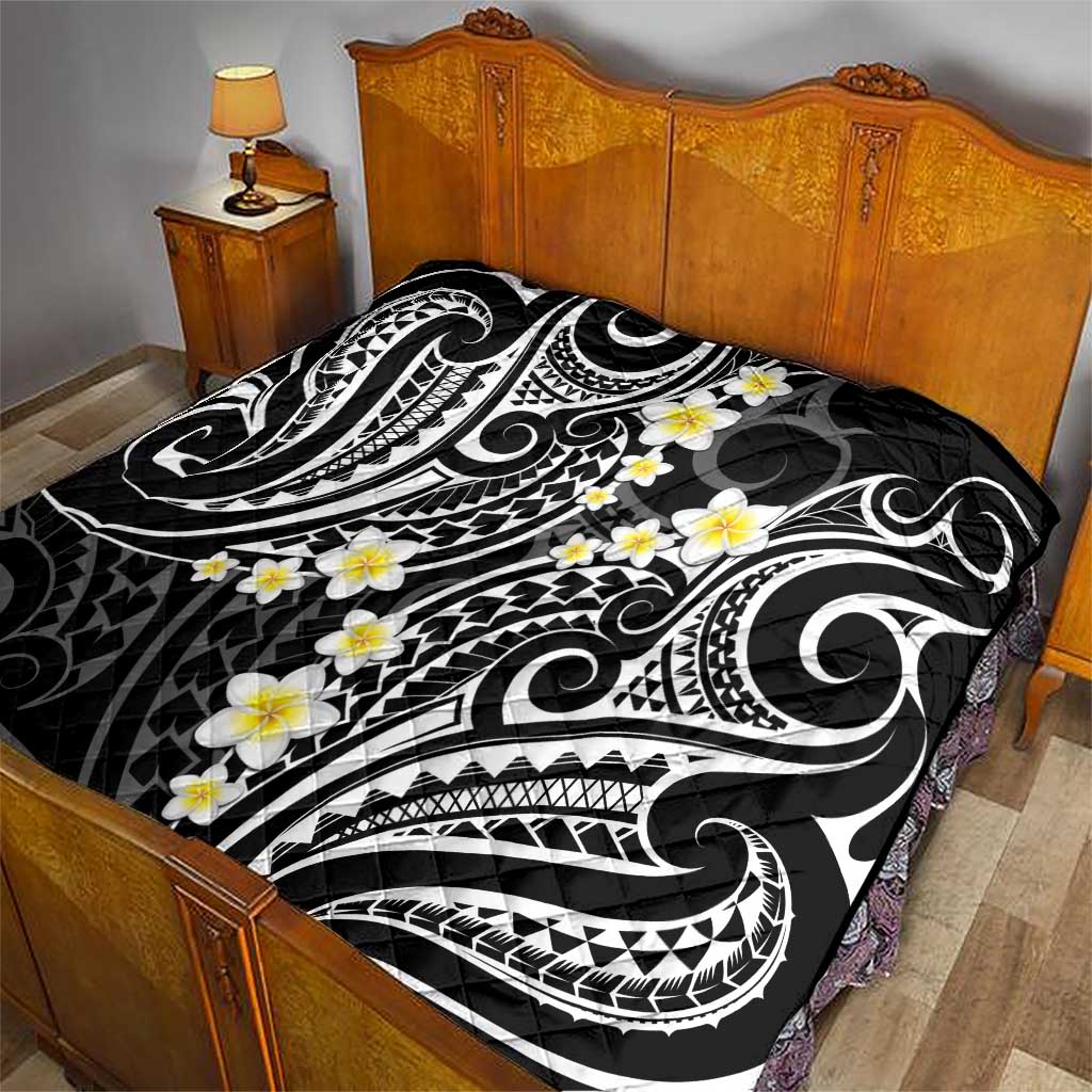 Plumeria With Black Polynesian Tattoo Pattern Quilt