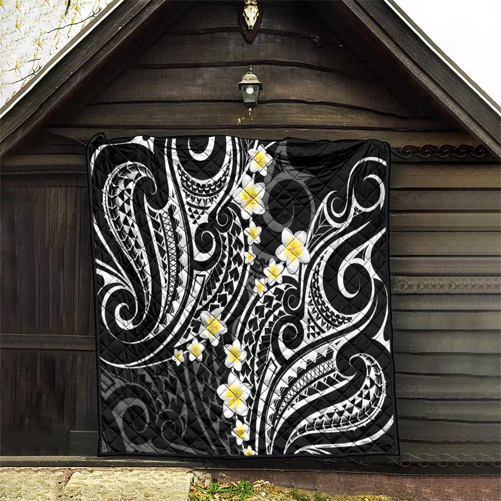 Plumeria With Black Polynesian Tattoo Pattern Quilt