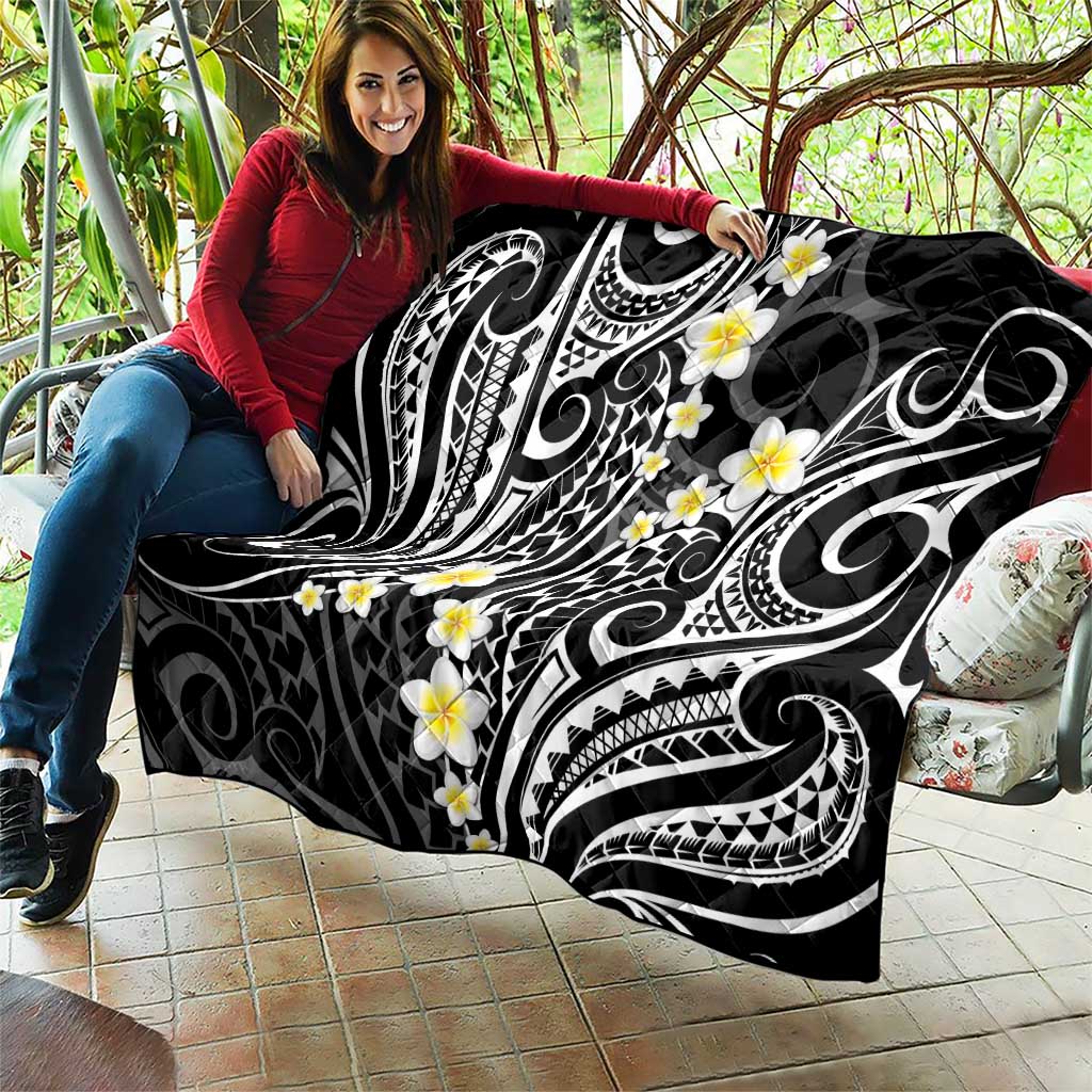 Plumeria With Black Polynesian Tattoo Pattern Quilt