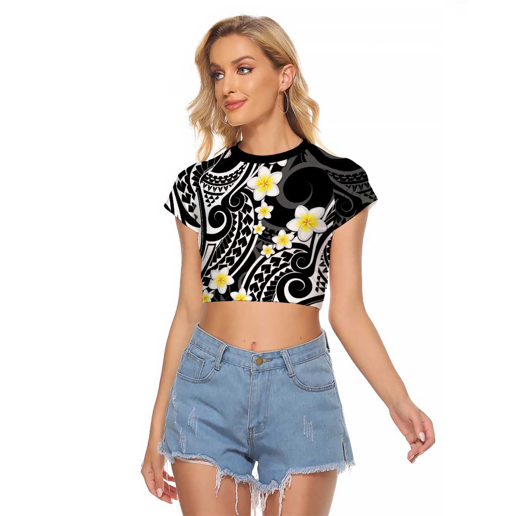 Plumeria With Black Polynesian Tattoo Pattern Raglan Cropped T Shirt