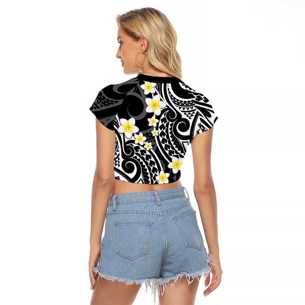 Plumeria With Black Polynesian Tattoo Pattern Raglan Cropped T Shirt