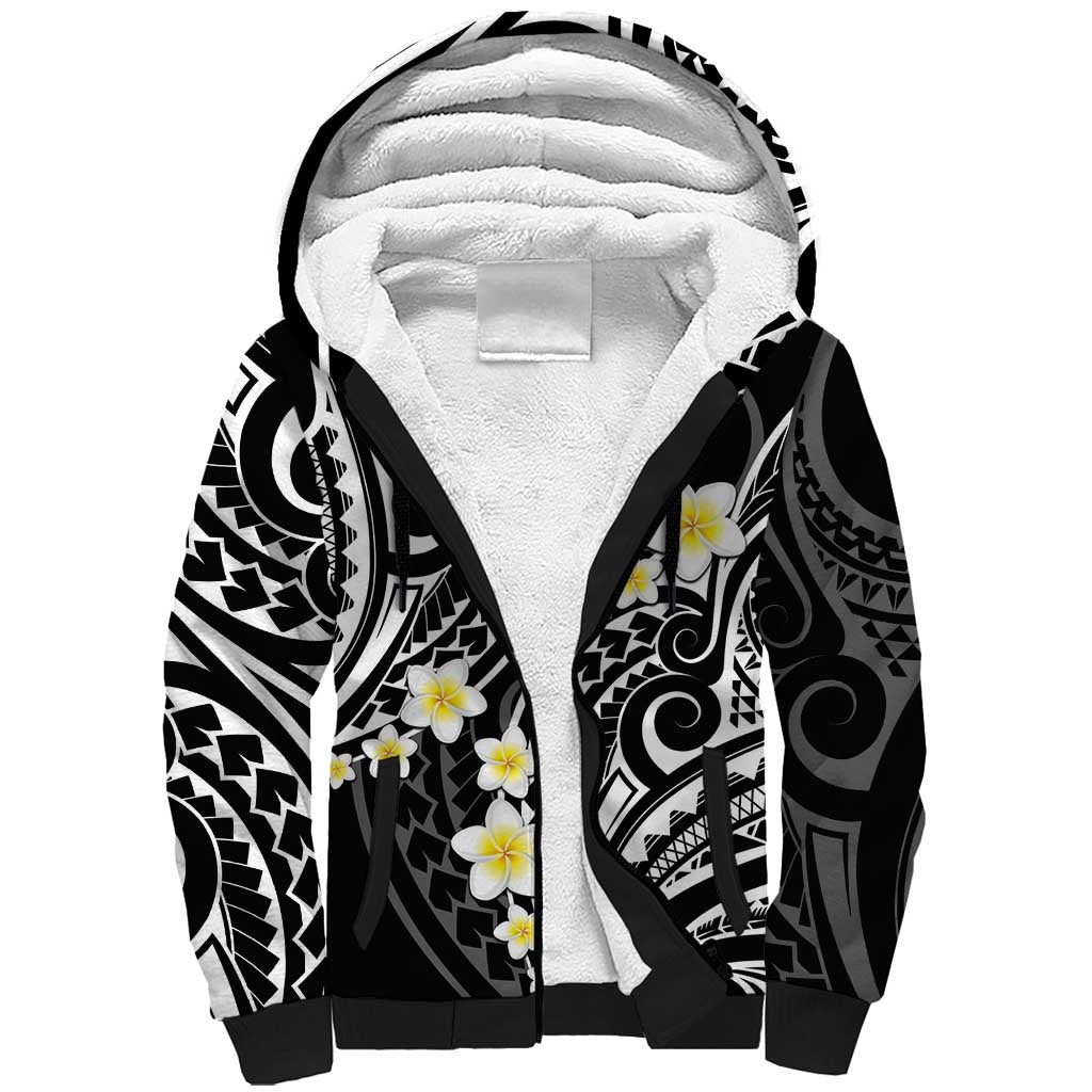 Plumeria With Black Polynesian Tattoo Pattern Sherpa Hoodie