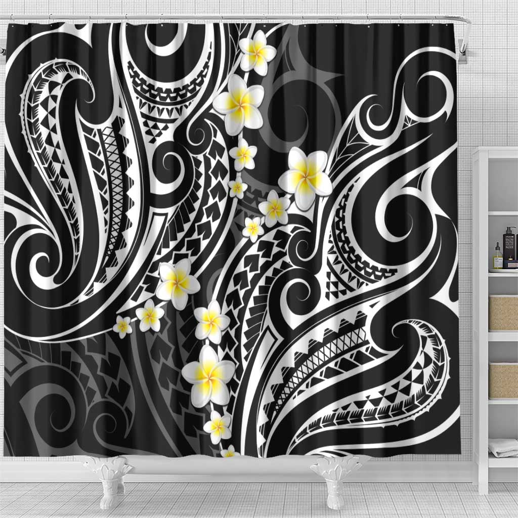 Plumeria With Black Polynesian Tattoo Pattern Shower Curtain