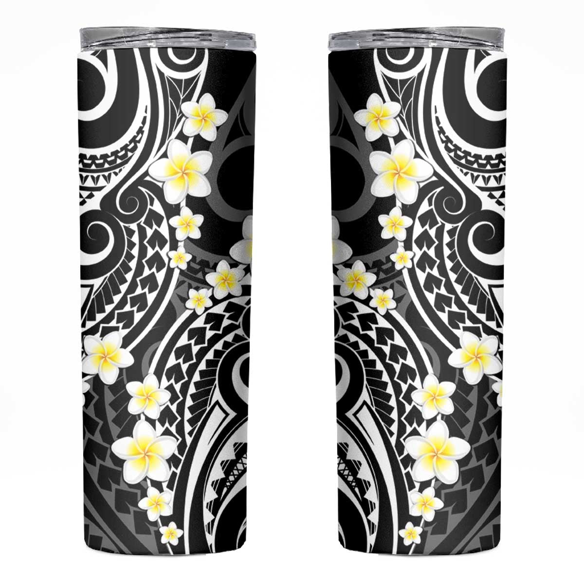 Plumeria With Black Polynesian Tattoo Pattern Skinny Tumbler LT05 Black - Polynesian Pride