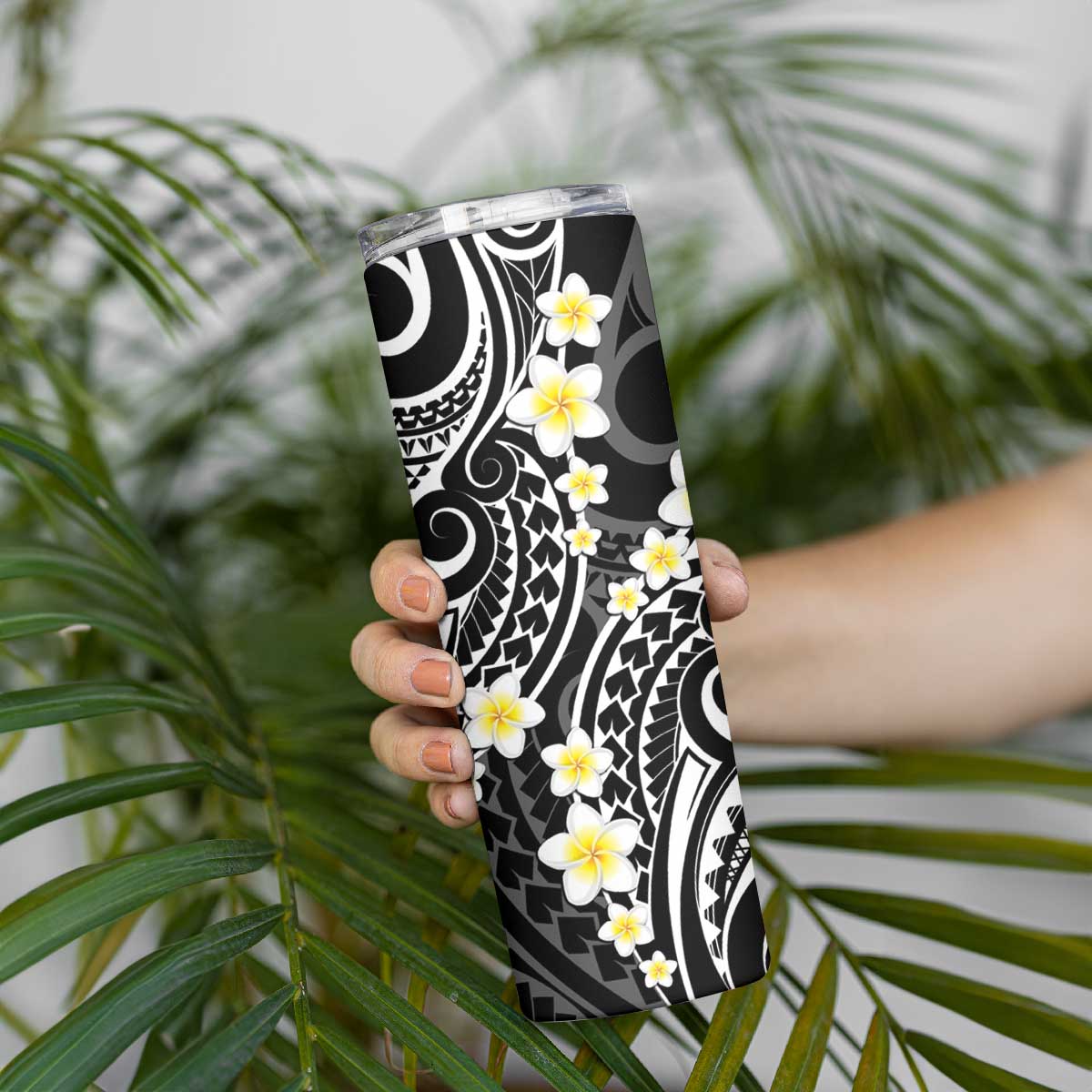 Plumeria With Black Polynesian Tattoo Pattern Skinny Tumbler LT05 - Polynesian Pride