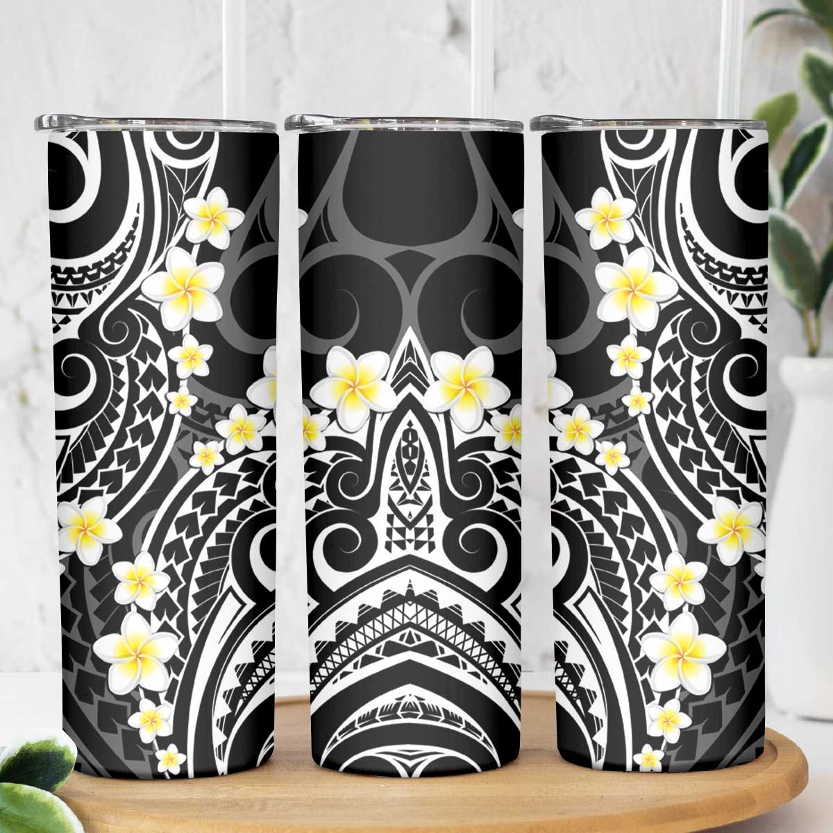 Plumeria With Black Polynesian Tattoo Pattern Skinny Tumbler LT05 - Polynesian Pride