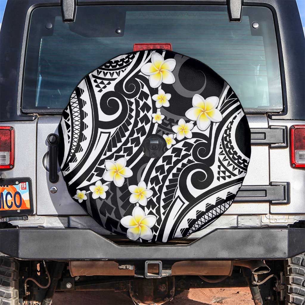 Plumeria With Black Polynesian Tattoo Pattern Spare Tire Cover LT05 Black - Polynesian Pride