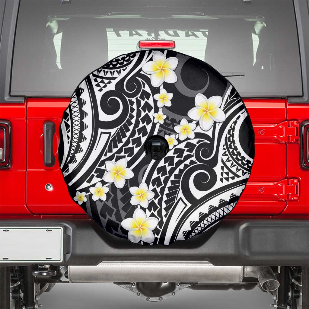 Plumeria With Black Polynesian Tattoo Pattern Spare Tire Cover LT05 - Polynesian Pride