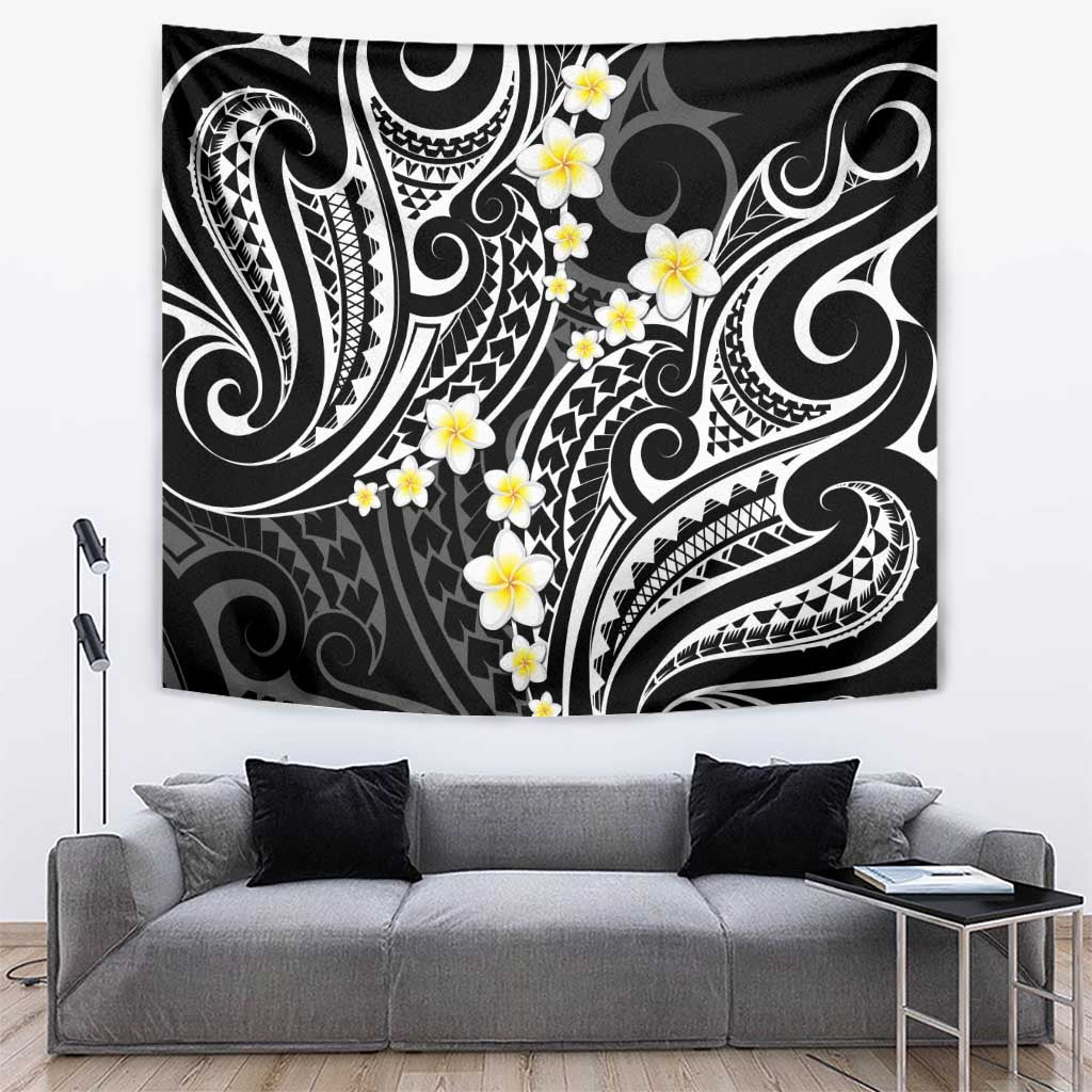 Plumeria With Black Polynesian Tattoo Pattern Tapestry