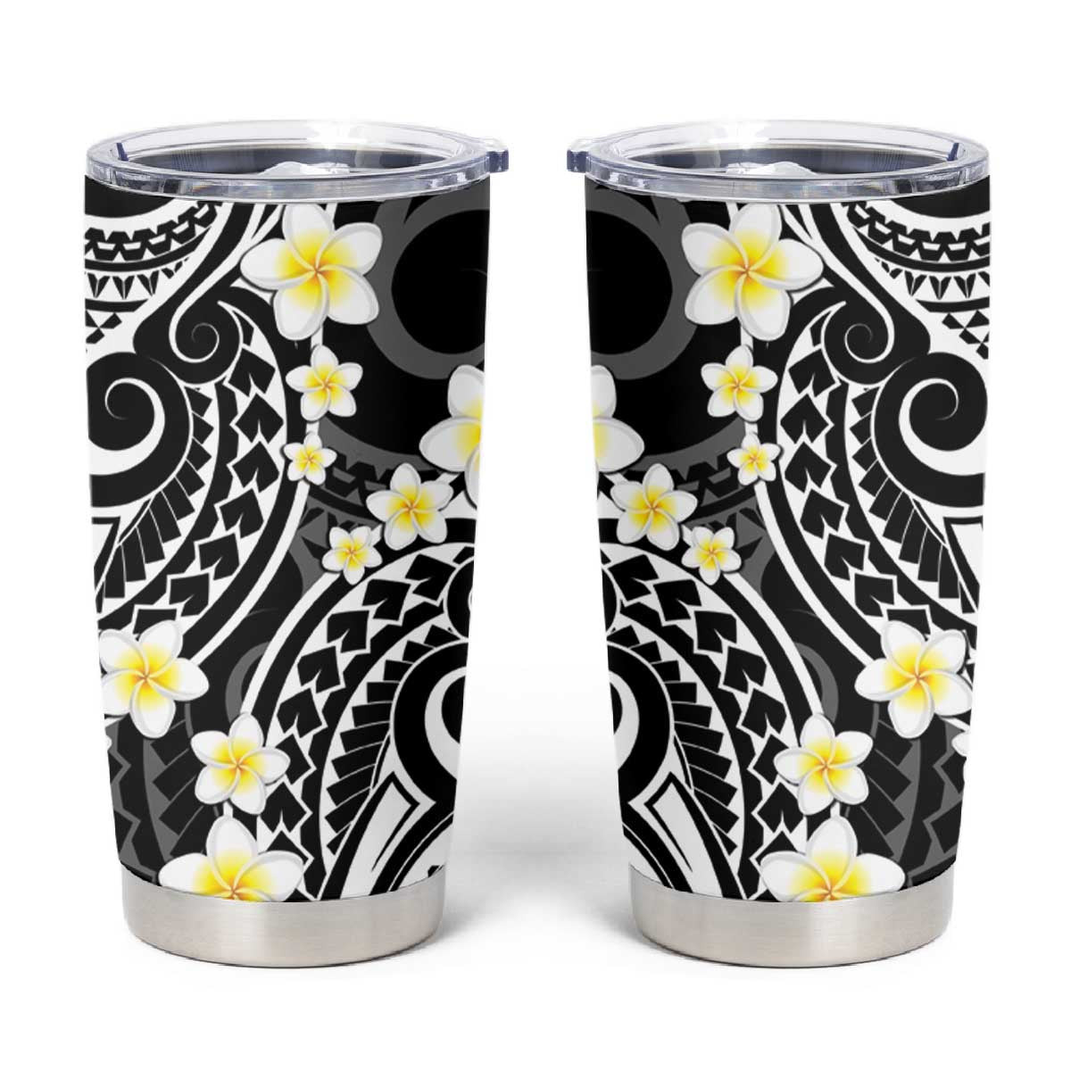 Plumeria With Black Polynesian Tattoo Pattern Tumbler Cup LT05 Black - Polynesian Pride