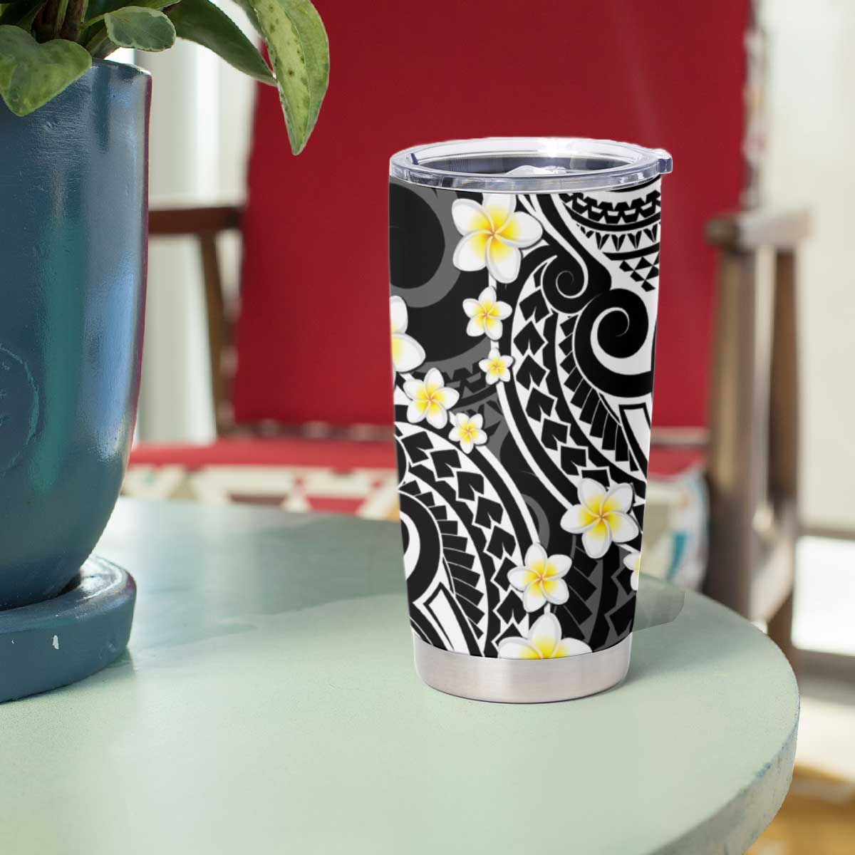 Plumeria With Black Polynesian Tattoo Pattern Tumbler Cup LT05 - Polynesian Pride