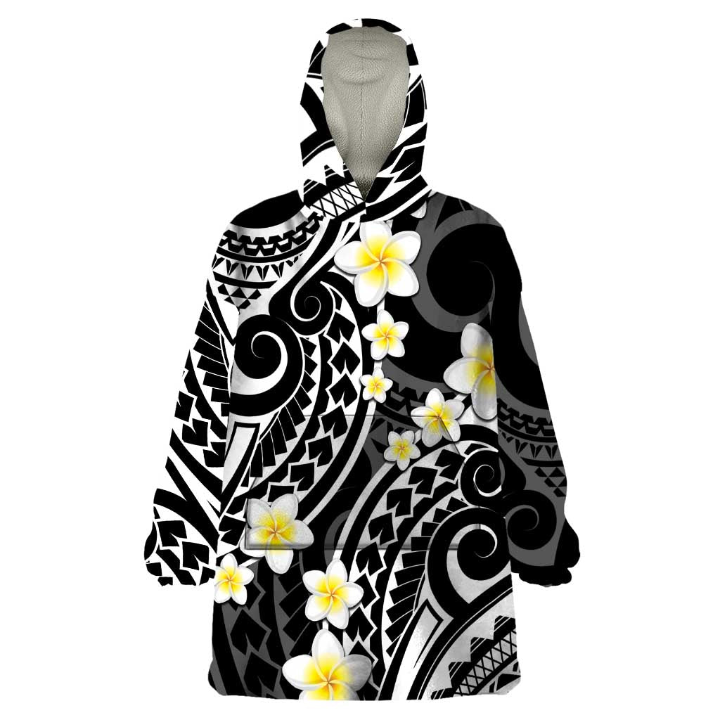 Plumeria With Black Polynesian Tattoo Pattern Wearable Blanket Hoodie LT05 One Size Black - Polynesian Pride