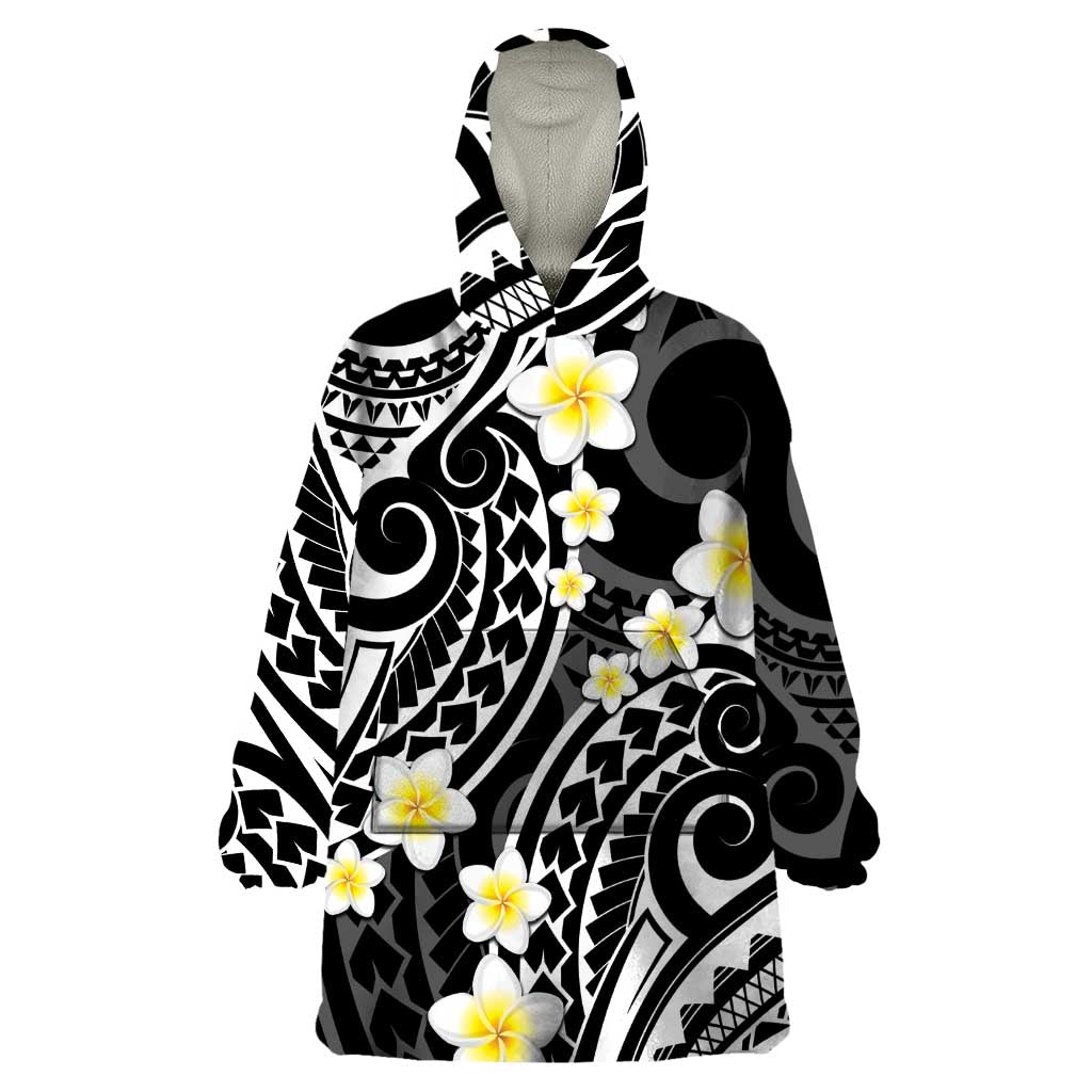 Plumeria With Black Polynesian Tattoo Pattern Wearable Blanket Hoodie
