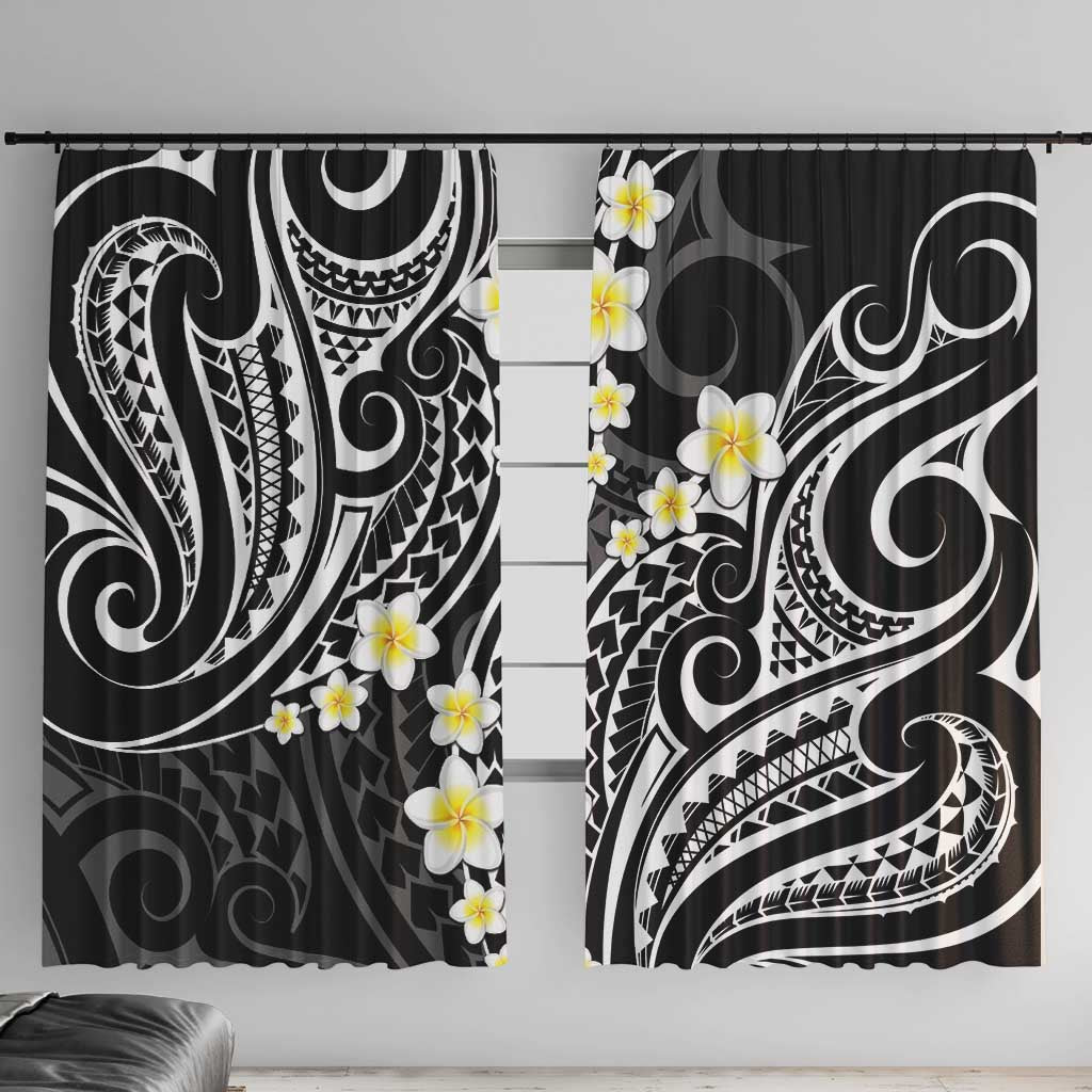 Plumeria With Black Polynesian Tattoo Pattern Window Curtain