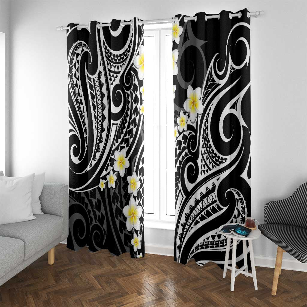 Plumeria With Black Polynesian Tattoo Pattern Window Curtain LT05 With Grommets Black - Polynesian Pride