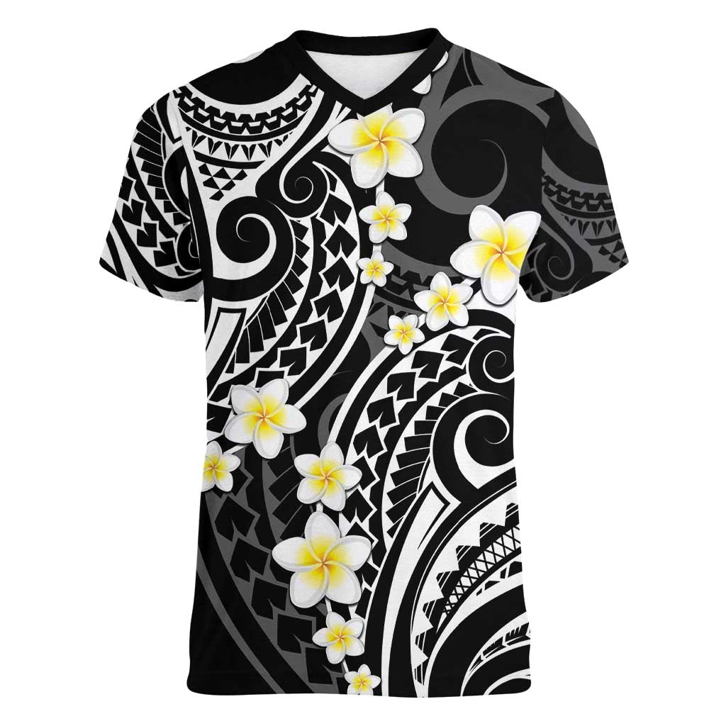 Plumeria With Black Polynesian Tattoo Pattern Women V-Neck T-Shirt