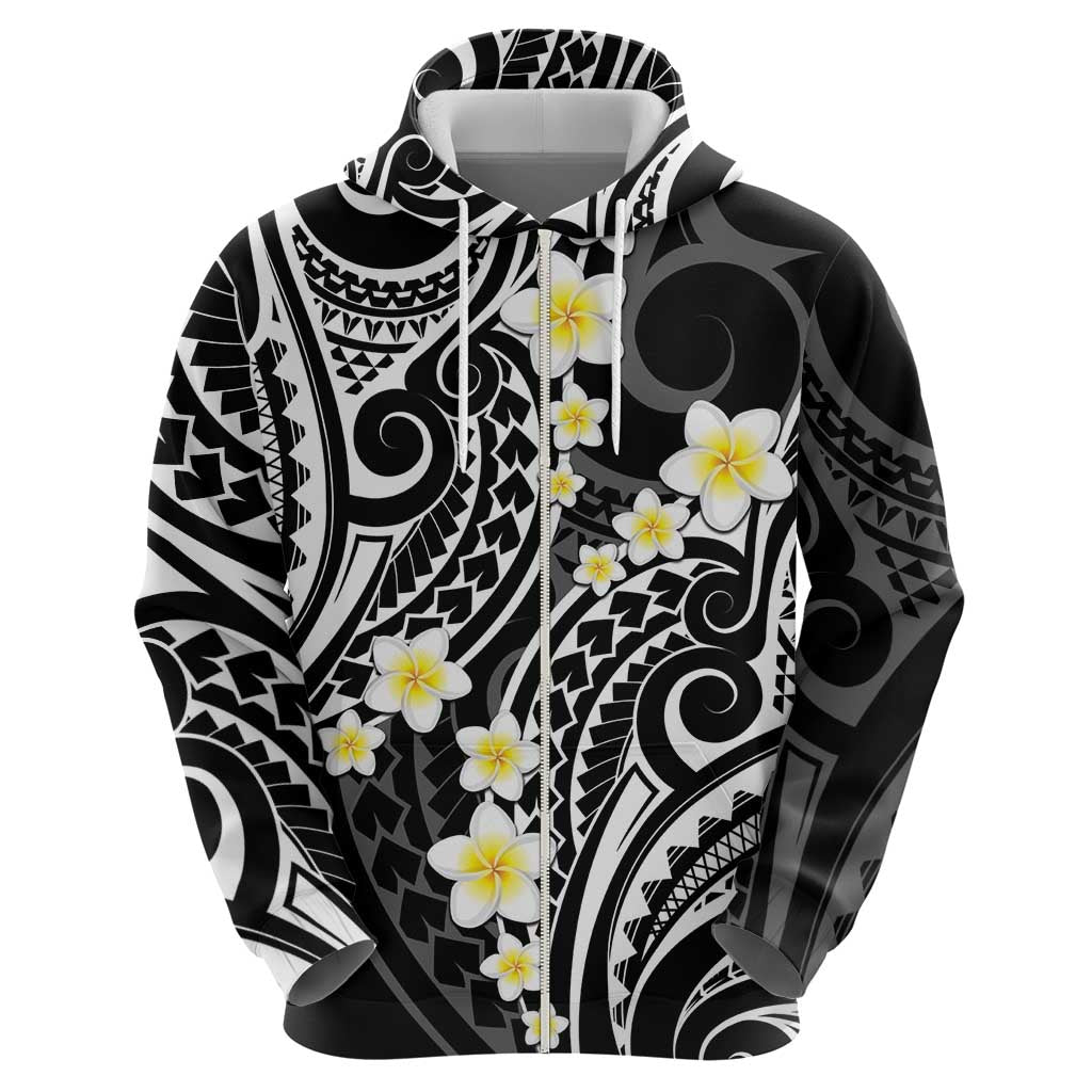 Plumeria With Black Polynesian Tattoo Pattern Zip Hoodie