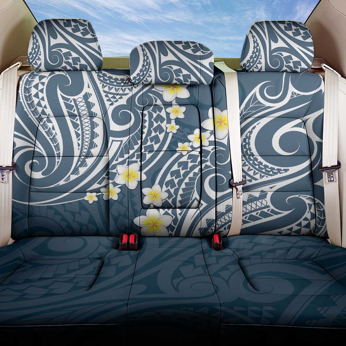 Plumeria With Blue Polynesian Tattoo Pattern Back Car Seat Cover