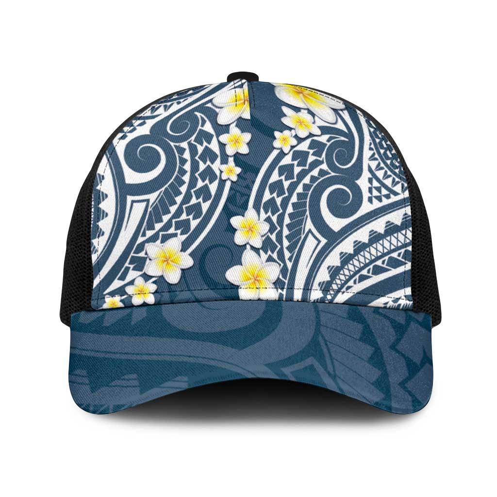 Plumeria With Blue Polynesian Tattoo Pattern Baseball Net Cap - Polynesian Pride