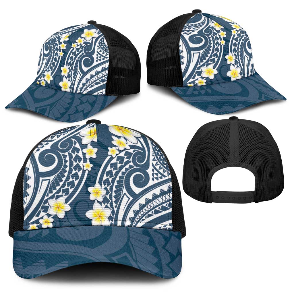Plumeria With Blue Polynesian Tattoo Pattern Baseball Net Cap - Polynesian Pride