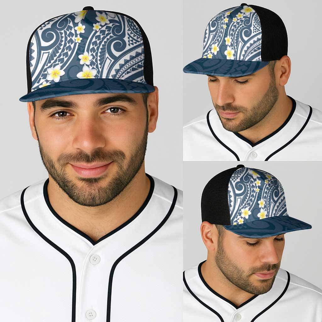 Plumeria With Blue Polynesian Tattoo Pattern Baseball Net Cap - Polynesian Pride