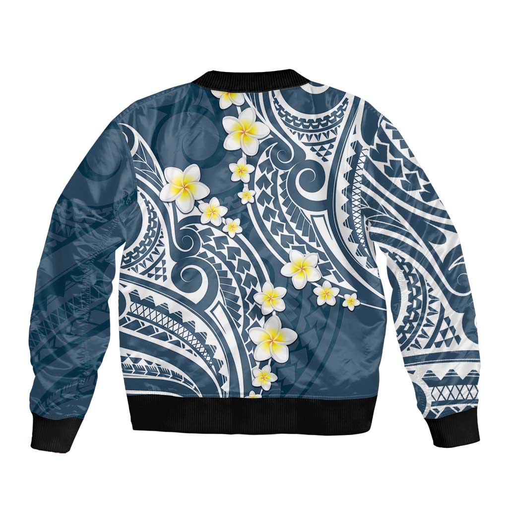 Plumeria With Blue Polynesian Tattoo Pattern Bomber Jacket
