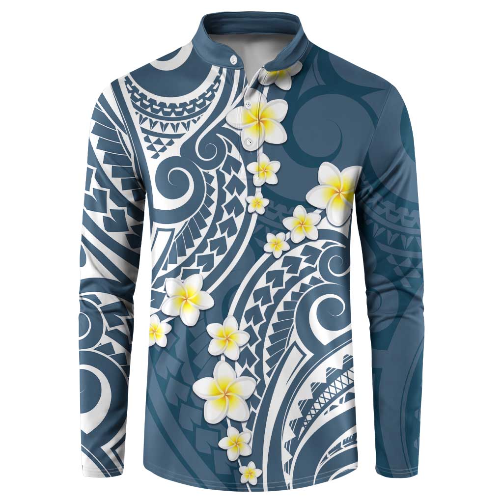 Plumeria With Blue Polynesian Tattoo Pattern Button Sweatshirt LT05 Blue - Polynesian Pride