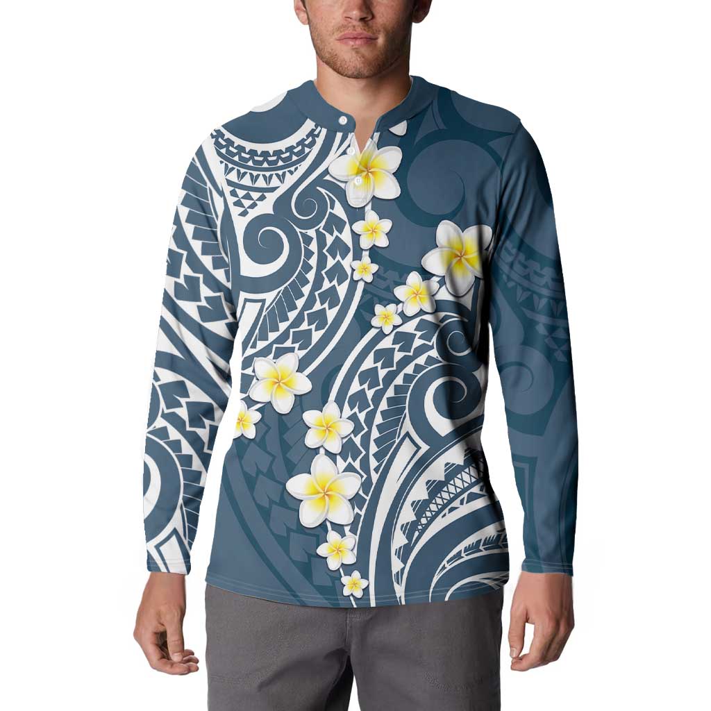 Plumeria With Blue Polynesian Tattoo Pattern Button Sweatshirt LT05 - Polynesian Pride