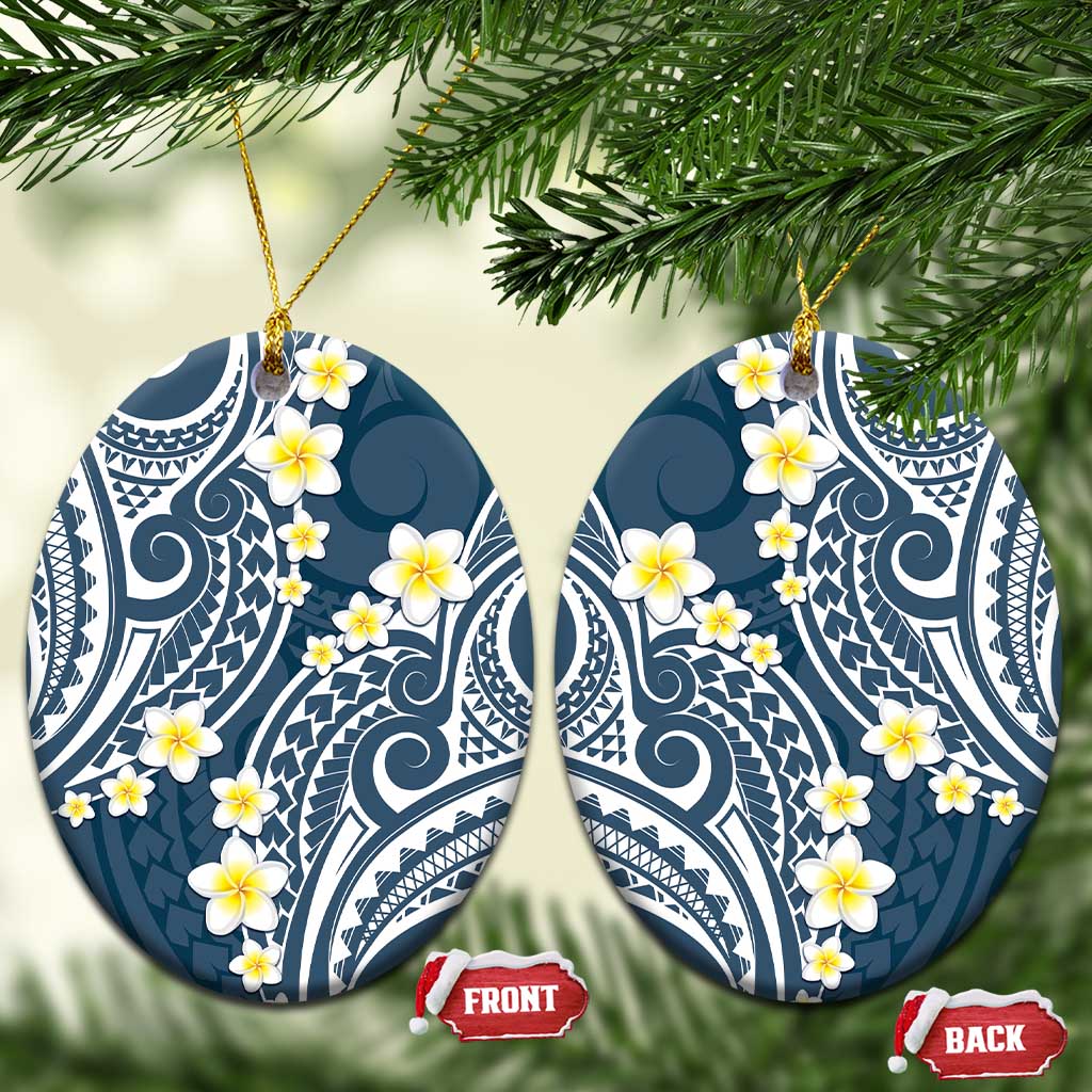 Plumeria With Blue Polynesian Tattoo Pattern Ceramic Ornament LT05 Oval Blue - Polynesian Pride