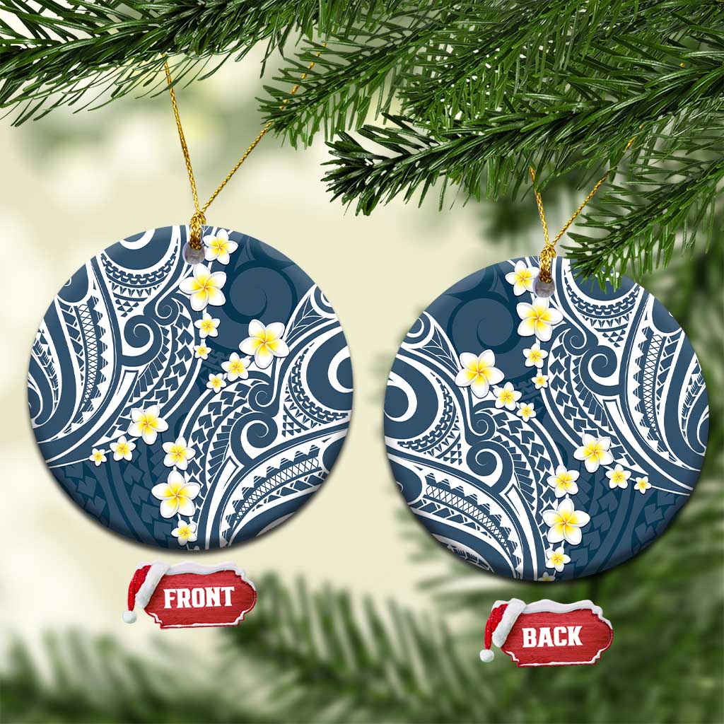 Plumeria With Blue Polynesian Tattoo Pattern Ceramic Ornament LT05 Circle Blue - Polynesian Pride