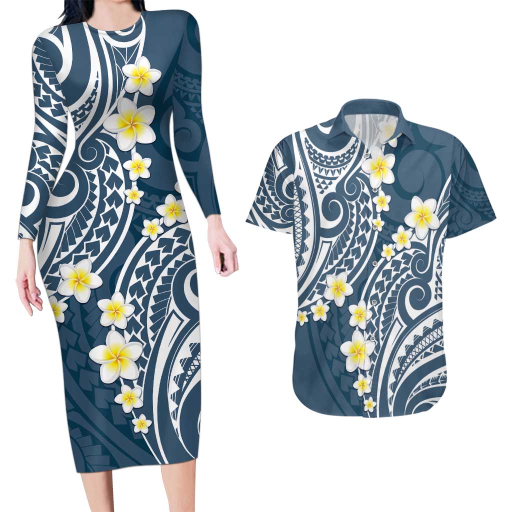 Plumeria With Blue Polynesian Tattoo Pattern Couples Matching Long Sleeve Bodycon Dress and Hawaiian Shirt