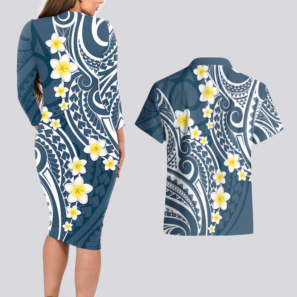 Plumeria With Blue Polynesian Tattoo Pattern Couples Matching Long Sleeve Bodycon Dress and Hawaiian Shirt LT05 - Polynesian Pride